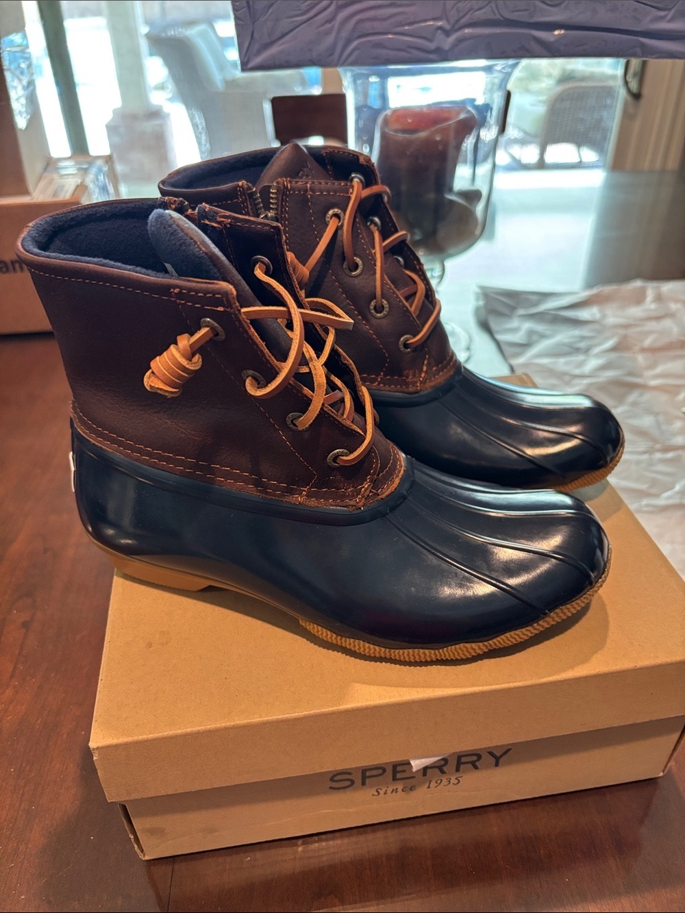 Sperry Saltwater Navy Blue and Brown Women's Winter Rain Duck Boots